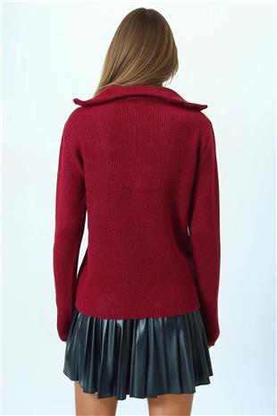 Kadın Bordo Yarım Fermuarlı Dik Yaka Triko Bluz VS01058