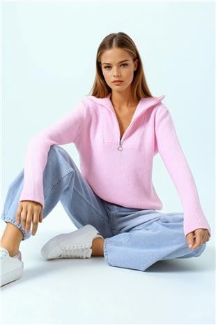 Kadın Pembe Yarım Fermuarlı Dik Yaka Triko Bluz VS01058