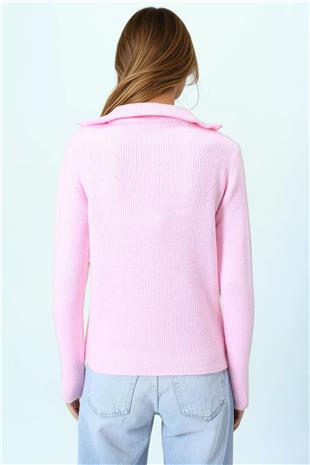 Kadın Pembe Yarım Fermuarlı Dik Yaka Triko Bluz VS01058