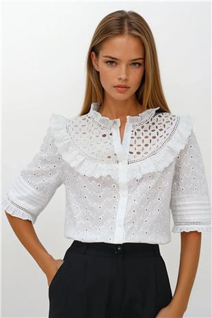 Kadın Beyaz Yarım Kol Delik Ajurlu Fisto Gömlek VS00236