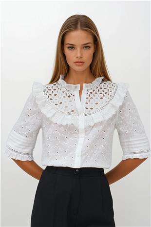 Kadın Beyaz Yarım Kol Delik Ajurlu Fisto Gömlek VS00236