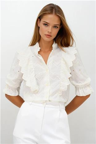 Kadın Krem Yarım Kol Lastikli Fırfır Detaylı Güpür Gömlek VS00237