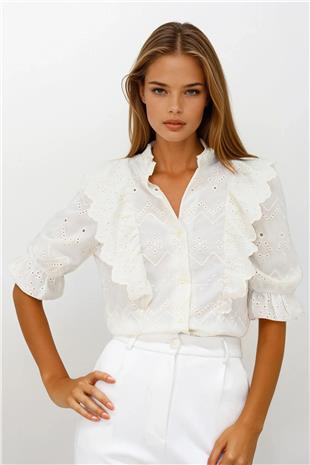Kadın Krem Yarım Kol Lastikli Fırfır Detaylı Güpür Gömlek VS00237