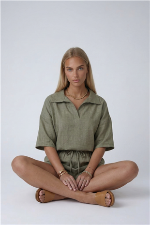 Yeşil Polo Yaka Keten Bluz Ve Şort Takım