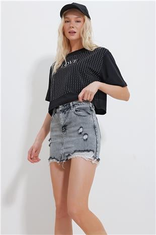 Kadın Antrasit Yıkamalı Cepli Mini Jean Etek ALC-X11973