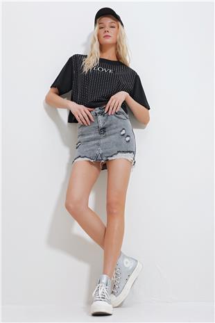 Kadın Antrasit Yıkamalı Cepli Mini Jean Etek ALC-X11973