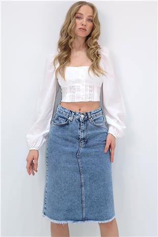 Kadın Mavi Yüksek Bel 5 Cepli Midi Boy Jean Etek ALC-X13655
