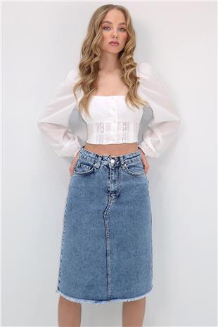 Kadın Mavi Yüksek Bel 5 Cepli Midi Boy Jean Etek ALC-X13655