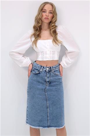 Kadın Mavi Yüksek Bel 5 Cepli Midi Boy Jean Etek ALC-X13655