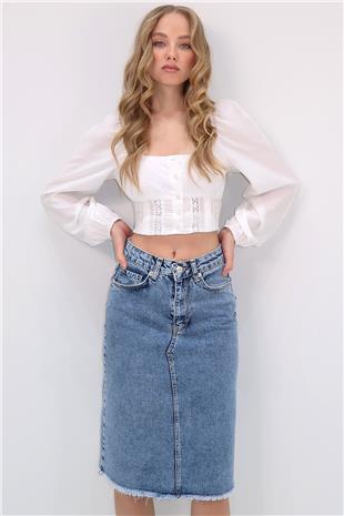 Kadın Mavi Yüksek Bel 5 Cepli Midi Boy Jean Etek ALC-X13655