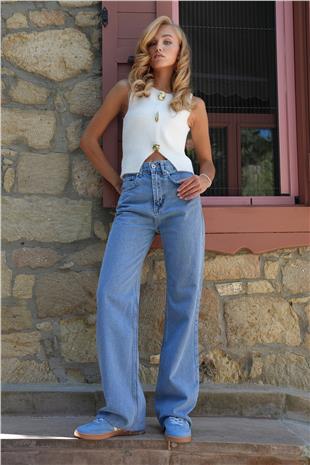 Kadın Mavi Yüksek Bel 5 Cepli Paça Dikişsiz Wide Leg Jean Pantolon ALC-X14578