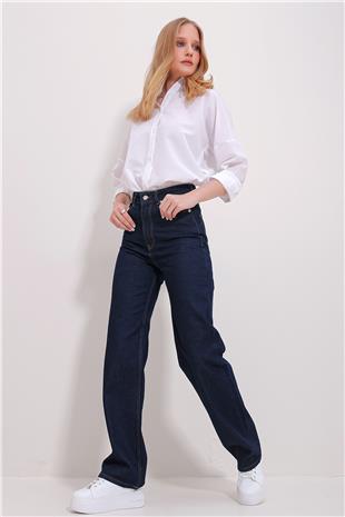 Kadın Koyu Lacivert Yüksek Bel 5 Cepli Wide Leg Palazzo Pantolon ALC-X11470