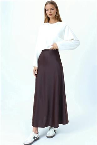 Kadın Acı Kahve Yüksek Bel Basic Saten Etek VS01031