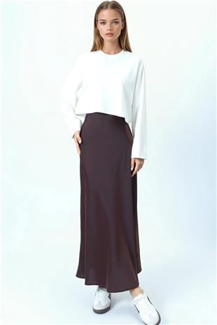 Kadın Acı Kahve Yüksek Bel Basic Saten Etek VS01031