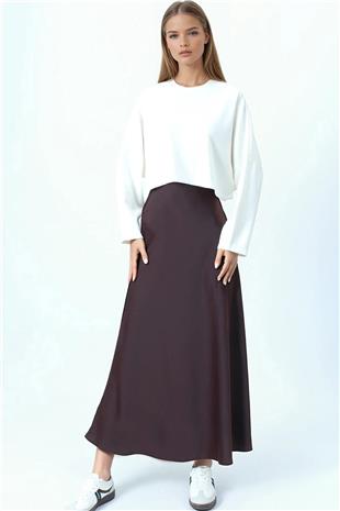 Kadın Acı Kahve Yüksek Bel Basic Saten Etek VS01031