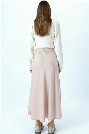 Kadın Bej Yüksek Bel Basic Saten Etek VS01031