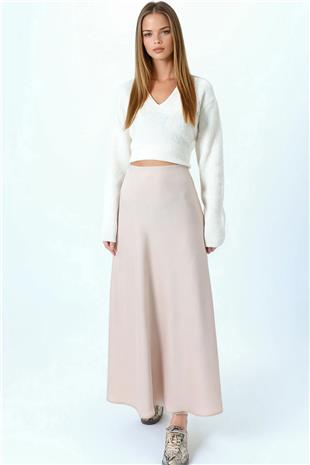 Kadın Bej Yüksek Bel Basic Saten Etek VS01031