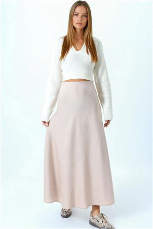 Kadın Bej Yüksek Bel Basic Saten Etek VS01031
