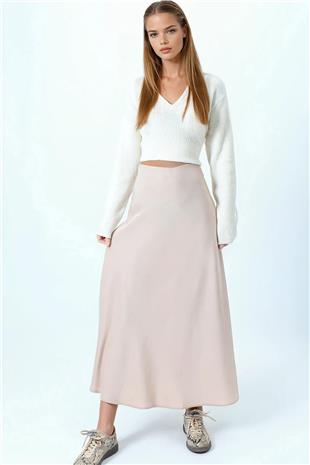 Kadın Bej Yüksek Bel Basic Saten Etek VS01031