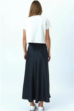 Kadın Siyah Yüksek Bel Basic Saten Etek VS01031