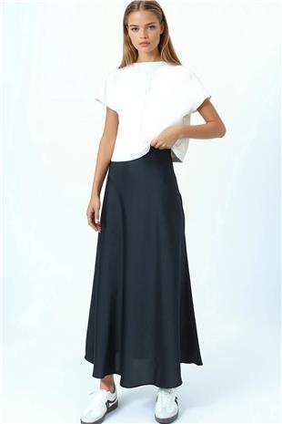 Kadın Siyah Yüksek Bel Basic Saten Etek VS01031