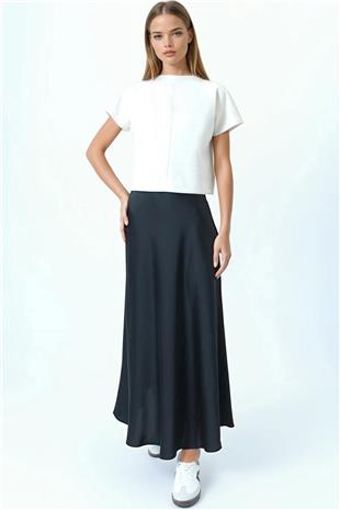 Kadın Siyah Yüksek Bel Basic Saten Etek VS01031