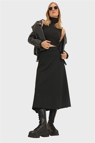 Kadın Siyah Yüksek Bel Beli Lastikli A Form Midi Boy Etek ALC-X11324