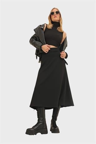 Kadın Siyah Yüksek Bel Beli Lastikli A Form Midi Boy Etek ALC-X11324