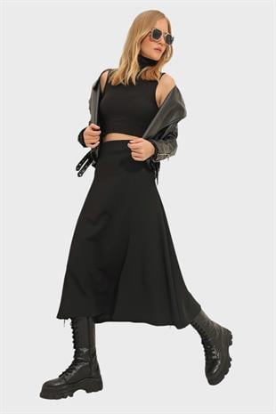 Kadın Siyah Yüksek Bel Beli Lastikli A Form Midi Boy Etek ALC-X11324