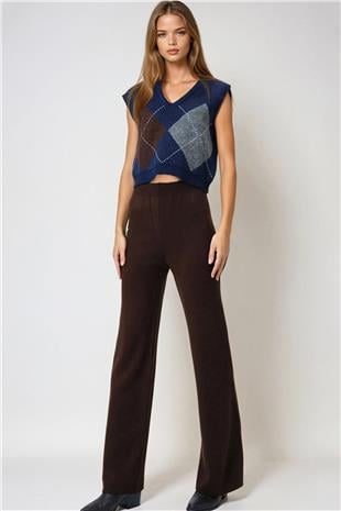 Kadın Acı Kahve Yüksek Bel Beli Lastikli Triko Palazzo Pantolon VS00973