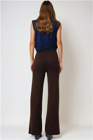Kadın Acı Kahve Yüksek Bel Beli Lastikli Triko Palazzo Pantolon VS00973