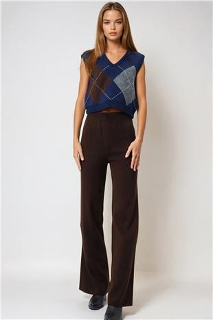 Kadın Acı Kahve Yüksek Bel Beli Lastikli Triko Palazzo Pantolon VS00973