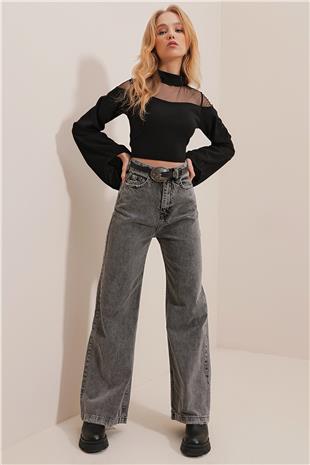 Kadın Antrasit Yüksek Bel Beş Cepli Wide Leg Pantolon ALC-X7759