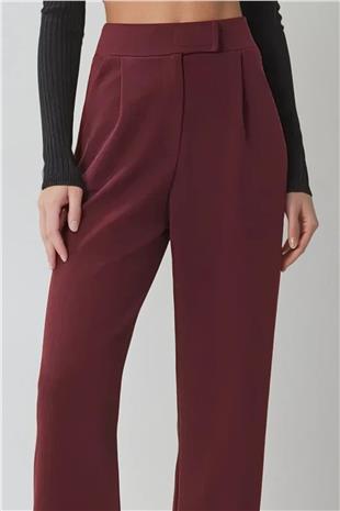Kadın Bordo Yüksek Bel Çift Cepli Pileli Cırt Kapamalı Palazzo Pantolon ALC-X10753