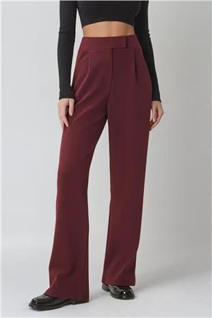 Kadın Bordo Yüksek Bel Çift Cepli Pileli Cırt Kapamalı Palazzo Pantolon ALC-X10753