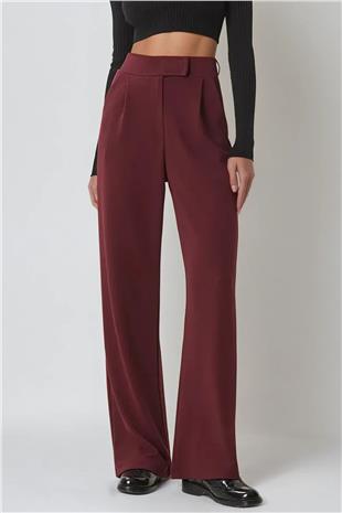Kadın Bordo Yüksek Bel Çift Cepli Pileli Cırt Kapamalı Palazzo Pantolon ALC-X10753