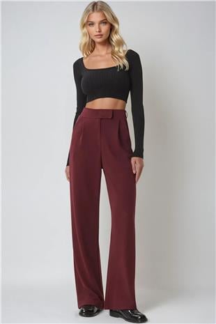 Kadın Bordo Yüksek Bel Çift Cepli Pileli Cırt Kapamalı Palazzo Pantolon ALC-X10753