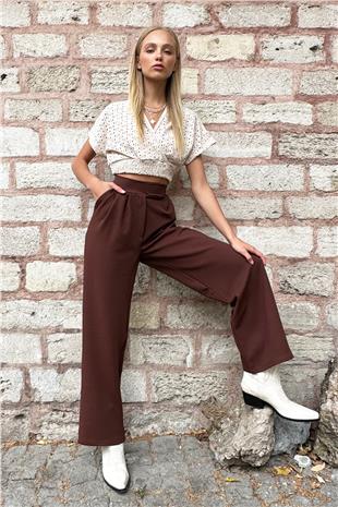 Kadın Kahve Yüksek Bel Çift Cepli Pileli Cırt Kapamalı Palazzo Pantolon ALC-X10753