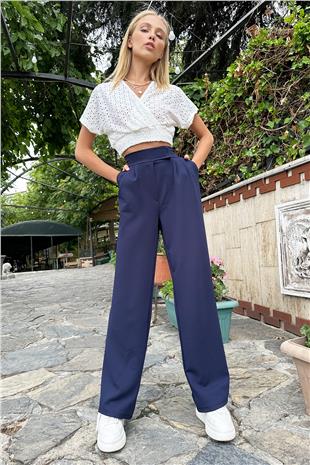Kadın Lacivert Yüksek Bel Çift Cepli Pileli Cırt Kapamalı Palazzo Pantolon ALC-X10753