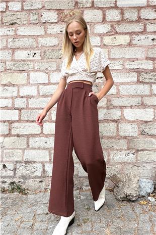 Kadın Kahve Yüksek Bel Çift Cepli Pileli Cırt Kapamalı Palazzo Pantolon ALC-X10753