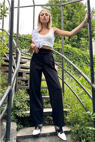 Kadın Siyah Yüksek Bel Çift Cepli Pileli Cırt Kapamalı Palazzo Pantolon ALC-X10753