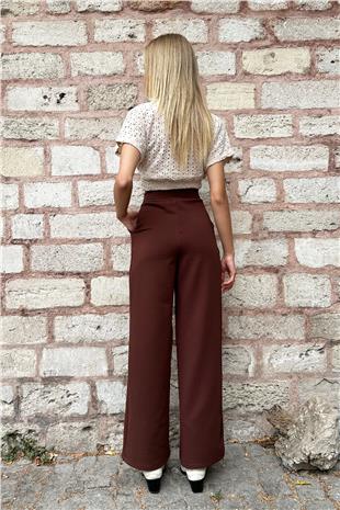 Kadın Kahve Yüksek Bel Çift Cepli Pileli Cırt Kapamalı Palazzo Pantolon ALC-X10753