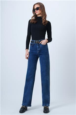 Kadın Mavi Yüksek Bel Düz Paça 5 Cepli Denim Pantolon VS01355