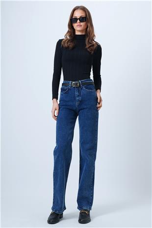 Kadın Mavi Yüksek Bel Düz Paça 5 Cepli Denim Pantolon VS01355