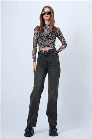 Kadın Antrasit Yüksek Bel Düz Paça 5 Cepli Denim Pantolon VS01355