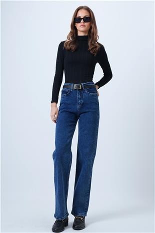 Kadın Mavi Yüksek Bel Düz Paça 5 Cepli Denim Pantolon VS01355