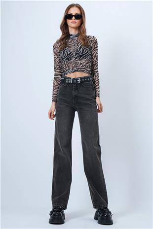 Kadın Antrasit Yüksek Bel Düz Paça 5 Cepli Denim Pantolon VS01355