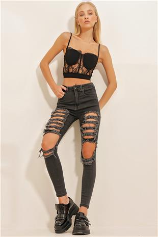 Kadın Antrasit Yüksek Bel Full Likralı Beş Cepli Yırtıklı Skinny Jean ALC-X10854