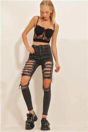 Kadın Antrasit Yüksek Bel Full Likralı Beş Cepli Yırtıklı Skinny Jean ALC-X10854