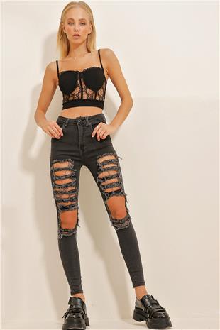 Kadın Antrasit Yüksek Bel Full Likralı Beş Cepli Yırtıklı Skinny Jean ALC-X10854